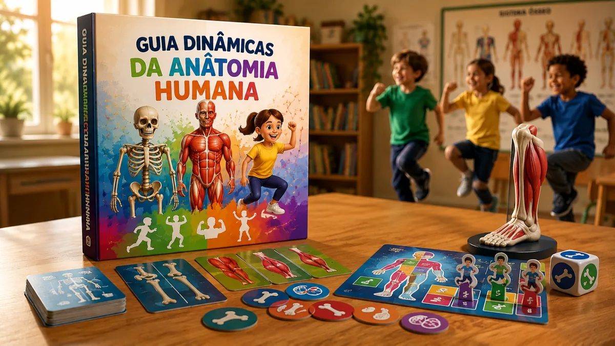 Guia Dinâmicas da Anatomia Humana com jogos práticos sobre ossos, músculos e movimentos do corpo