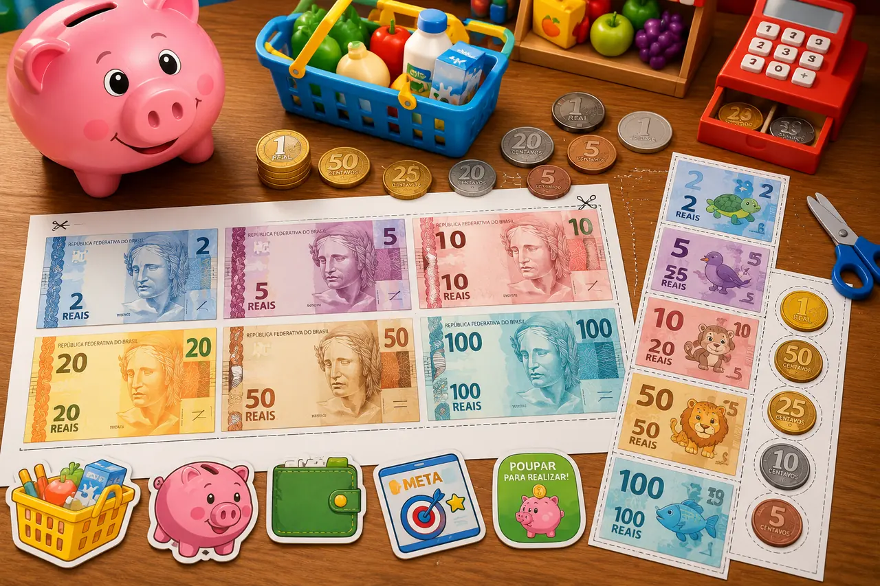 Movimento fictício para imprimir com cédulas e moedas para educação física escolar