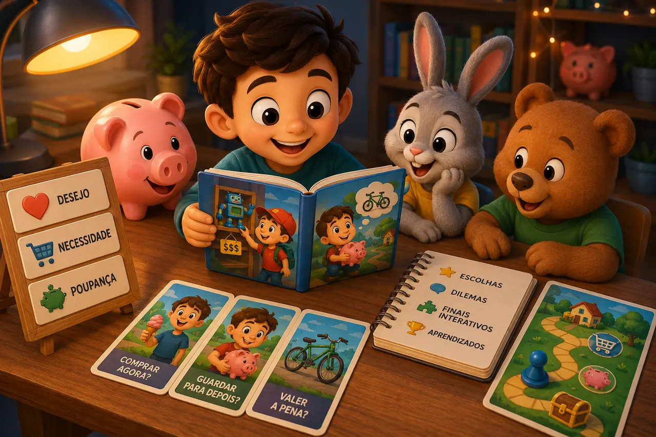 Criança lendo livro mágico com personagens de educação física